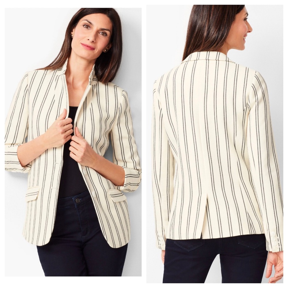NEW Talbots Aberdeen Blazer 16 Ivory Black Striped Two Button Lined Texture Chic